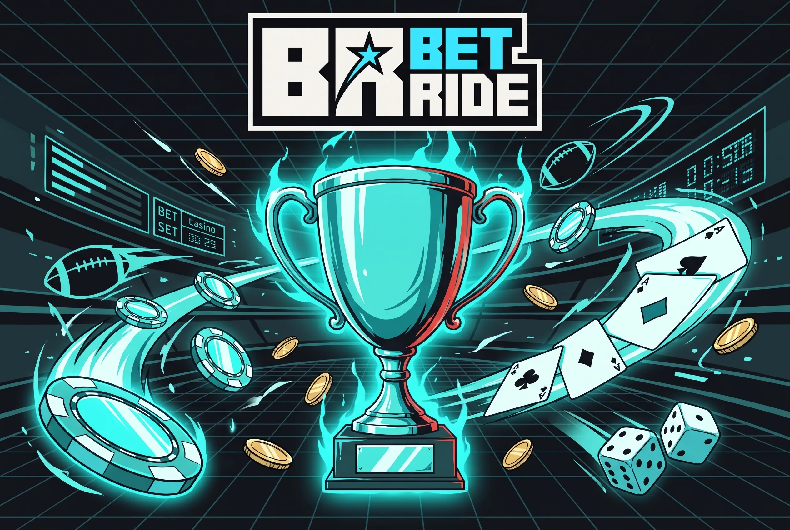 Betride Casino turquoise trophy artwork with chips and the brand logo above